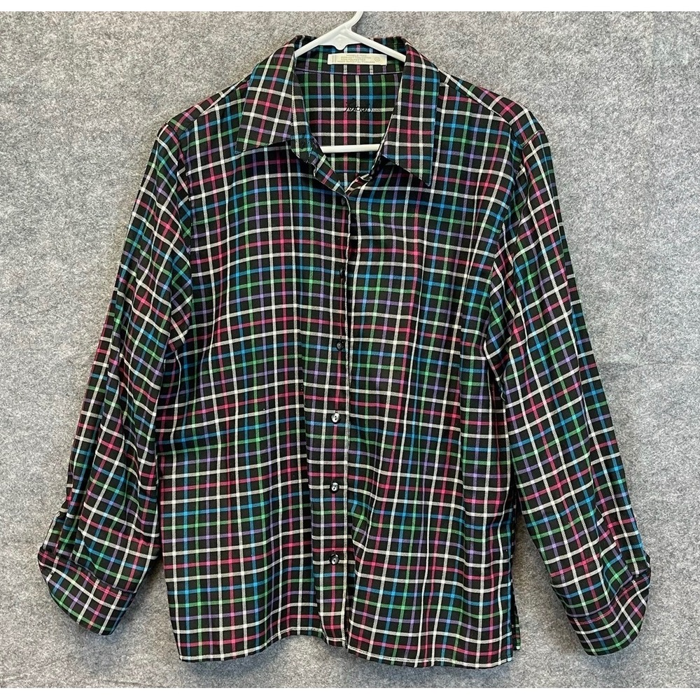 FOXCROFT Button Down Shirt Womens 12 Black Multi‎ Plaid Wrinkle Free Long Sleeve
